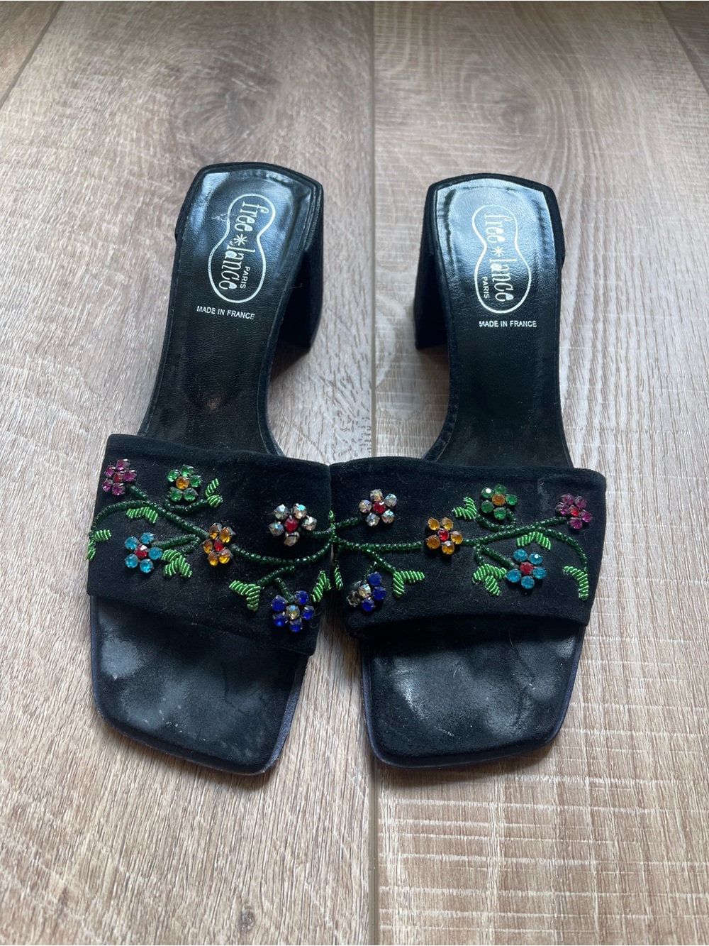 Vintage Luxury Free Lance Embellished Suede Slide Sandals with Floral Beading
